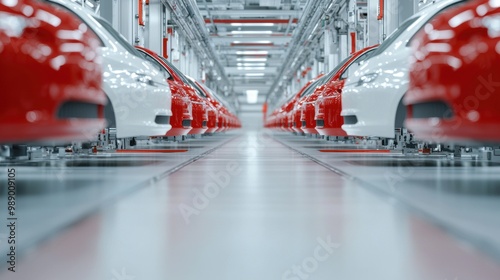 Modern car assembly line with vehicles in a well-lit factory environment. photo