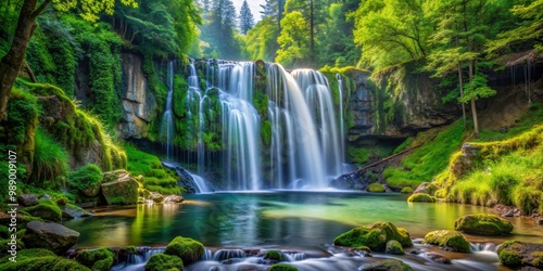 Serene Waterfall Cascading Through Lush Green Forest, Landscape Photography, Waterfall, Nature, Forest, Green, Water, Tranquil, Waterfall Landscape