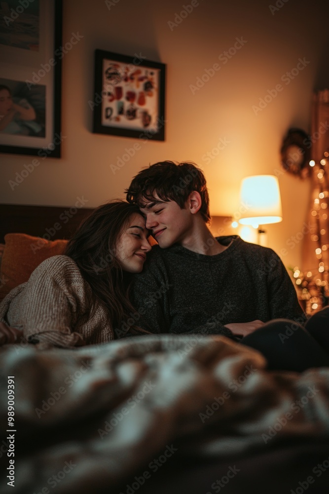 Cozy Couple Enjoying an Intimate Moment in Warmly Lit Bedroom - Perfect for Romantic Design Cozy Couple Enjoying an Intimate Moment in Warmly Lit Bedroom - Perfect for Romantic Design