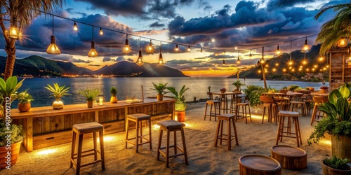 Sunset Beach Bar with String Lights, Wide Shot, Landscape, Night, Bar, Beach, Sunset, Island, Tropical, Vacation, Relaxing, Ocean, Evening photo