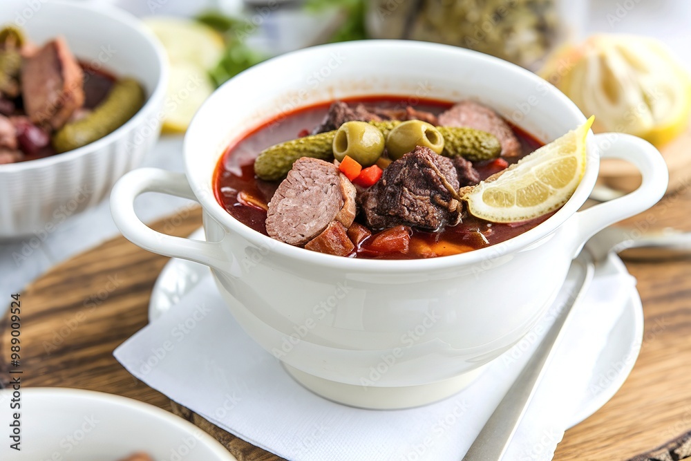Soup solyanka with meat, sausages, vegetables, pickles, olives and lemon Soup solyanka with meat, sausages, vegetables, pickles, olives and lemon
