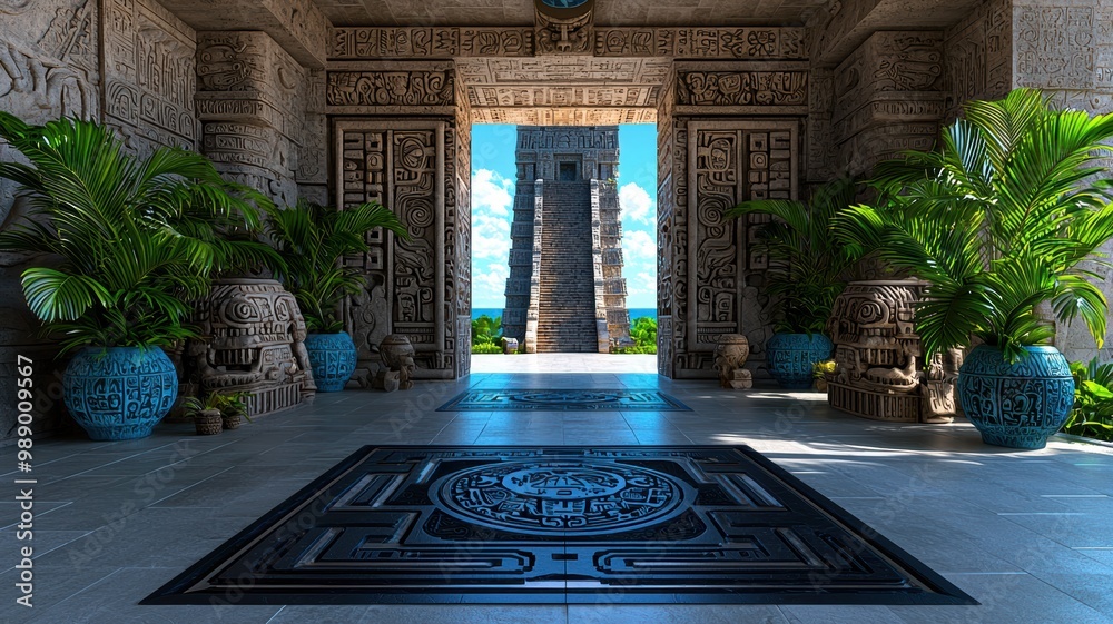 Fototapeta premium Ancient Temple Entrance with Lush Greenery and Sky