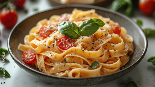 Top-down view of a beautifully arranged plate of gourmet pasta with fresh ingredients like basil, tomatoes, and Parmesan cheese. A clean, white marble background, natural light, high-resolution, vibra