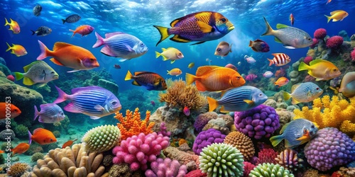 Vibrant Reefscape with Fish and Coral, underwater , tropical fish , coral reef , marine life