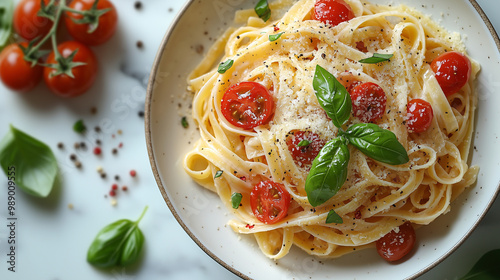 Top-down view of a beautifully arranged plate of gourmet pasta with fresh ingredients like basil, tomatoes, and Parmesan cheese. A clean, white marble background, natural light, high-resolution, vibra