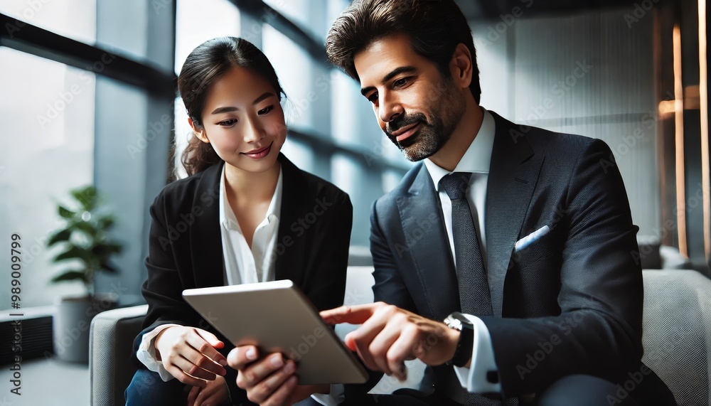Two business professionals in formal attire collaborate and review information on a tablet in a modern office setting. Two business professionals in formal attire collaborate and review information on a tablet in a modern office setting.