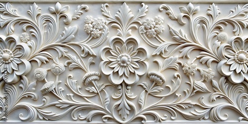 White Floral Ornate Wall Relief - Intricate Carved Design with Flowers and Leaves,  ornate, carving, relief, floral photo