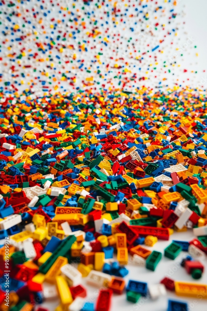 Hundreds of brightly colored plastic blocks scattered across a smooth white floor, creating a chaotic yet harmonious abstract pattern. Hundreds of brightly colored plastic blocks scattered across a smooth white floor, creating a chaotic yet harmonious abstract pattern.
