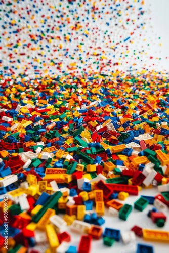 Hundreds of brightly colored plastic blocks scattered across a smooth white floor, creating a chaotic yet harmonious abstract pattern. 