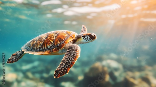 Sea turtle swimming through plastic waste in the ocean, symbolizing the threat of pollution to marine life photo