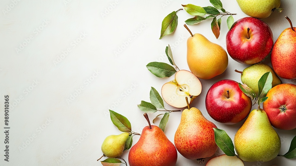 A selection of freshly picked apples and pears arranged on a light background, perfect for text A selection of freshly picked apples and pears arranged on a light background, perfect for text