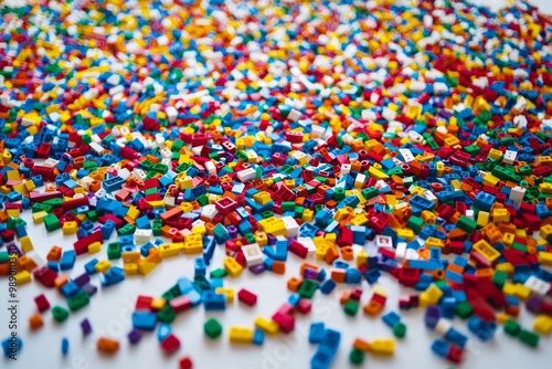 Hundreds of brightly colored plastic blocks scattered across a smooth white floor, creating a chaotic yet harmonious abstract pattern.  photo