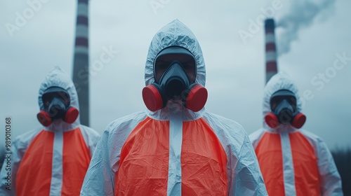 Three individuals in protective suits stand before industrial smokestacks. photo