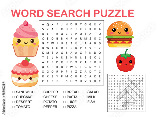 Food. Word search game puzzle for kids.