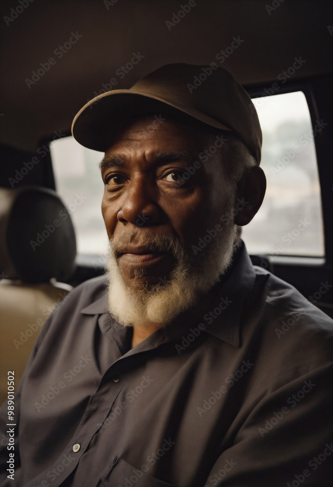 Portrait of a poor or homeless but well-groomed black old man or grandfather with a gray beard and hair wearing a cap and shirt on the streets of a big city Portrait of a poor or homeless but well-groomed black old man or grandfather with a gray beard and hair wearing a cap and shirt on the streets of a big city