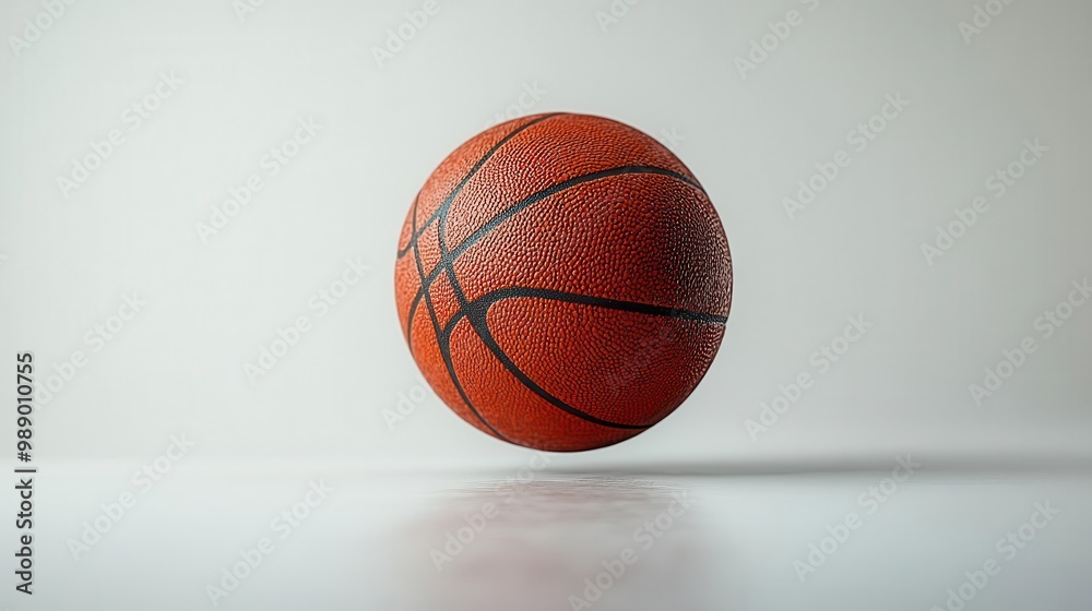 Fototapeta premium dynamic composition of basketball suspended midair against pure white background textured surface and subtle shadows highlight spherical form