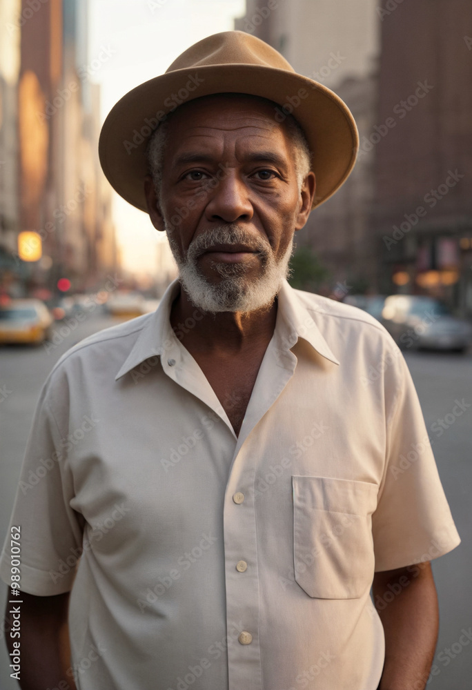 Portrait of a poor or homeless but well-groomed black old man or grandfather with a gray beard and hair wearing a hat or cap and shirt on the streets of a big city Portrait of a poor or homeless but well-groomed black old man or grandfather with a gray beard and hair wearing a hat or cap and shirt on the streets of a big city
