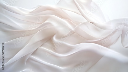 Delicate chiffon fabric blowing in the wind, with translucent layers and light ripples, on white.