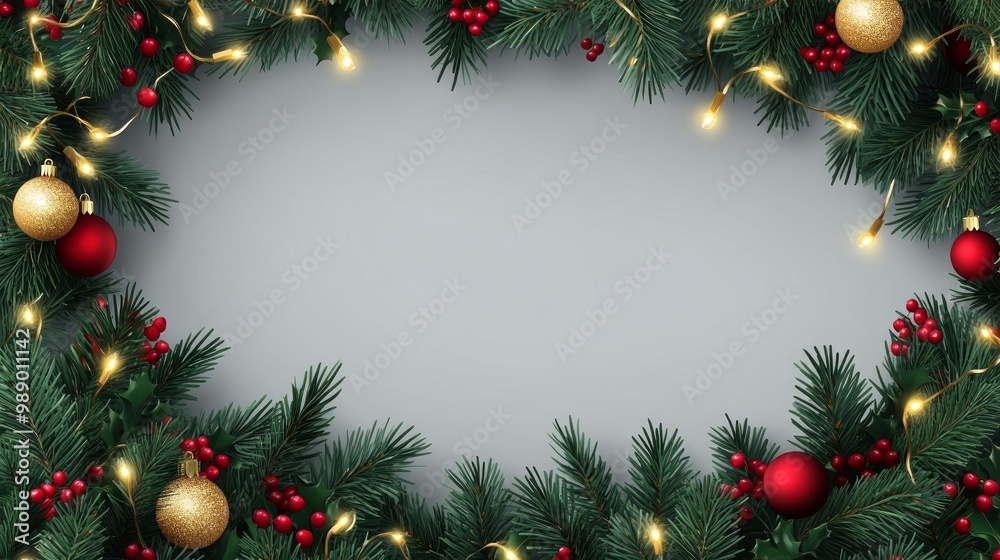 Border with green fir branches, gold lights and red berries isolated on transparent background. Pine, xmas evergreen plants seamless banner. Vector Christmas tree garland decoration Border with green fir branches, gold lights and red berries isolated on transparent background. Pine, xmas evergreen plants seamless banner. Vector Christmas tree garland decoration