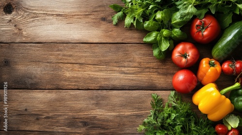 Assortment of freshly picked garden vegetables on a rustic wooden table with space for text