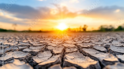 Cracked Dry Desert Landscape with Dramatic Sunset Sky