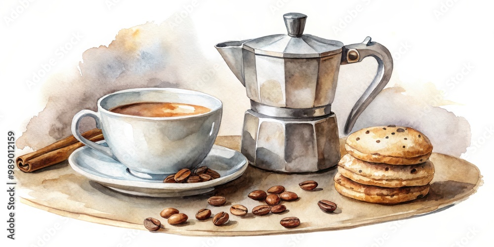 Fototapeta premium A watercolor still life of a cozy coffee moment with a moka pot, coffee cup, cookies, and beans