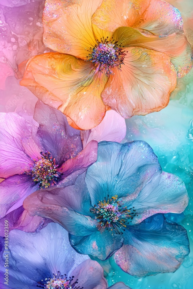 Vibrant rainbow-colored alcohol ink flowers with a dreamlike atmosphere in a soft gradient of pastel colors. Vibrant rainbow-colored alcohol ink flowers with a dreamlike atmosphere in a soft gradient of pastel colors.
