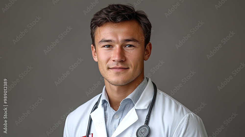 A confident young doctor wearing a white coat and stethoscope poses with a smile against a simple background, embodying professionalism and care A confident young doctor wearing a white coat and stethoscope poses with a smile against a simple background, embodying professionalism and care