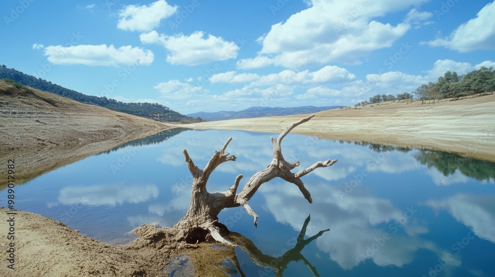 Serene Dry Lake Bed Reflecting Cloudy Sky and Driftwood Branches Serene Dry Lake Bed Reflecting Cloudy Sky and Driftwood Branches
