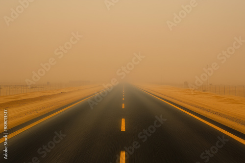 Wide-angle shot of a deserted highway during a sandstorm, with visibility drastically reduced. photo