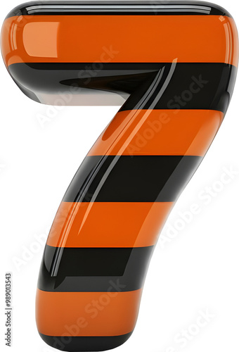 Glossy 3D Number 7 with Orange and Black Stripes