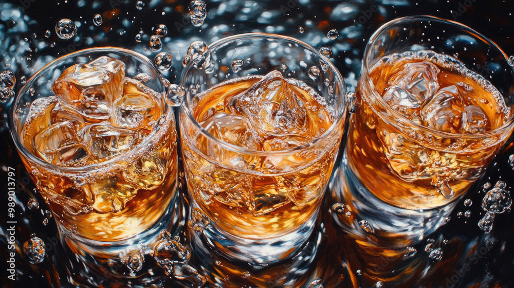 Three glasses of amber liquid with ice are beautifully displayed, creating bubbles and a refreshing atmosphere perfect for gathering or celebration Three glasses of amber liquid with ice are beautifully displayed, creating bubbles and a refreshing atmosphere perfect for gathering or celebration