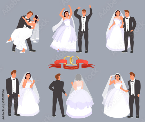 Bride and groom just married couple in different pose romantic set. Newlyweds wedding spouse flirting, embracing, dancing, posing for photo at marriage ceremony vector illustration