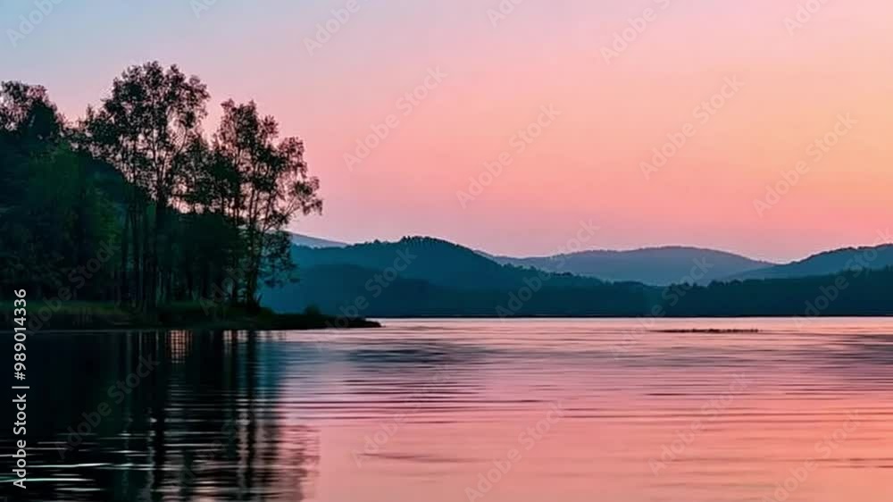 Tranquil lake reflecting vibrant sunset sky with soft water ripples and tree silhouettes. Tranquil lake reflecting vibrant sunset sky with soft water ripples and tree silhouettes.