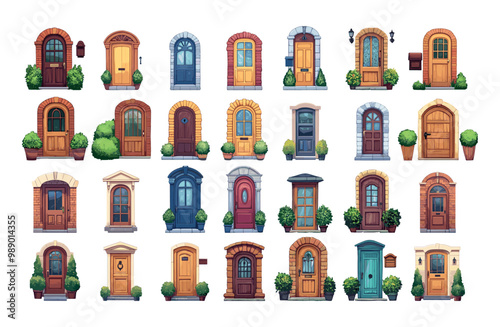 House entrances doors cartoon vector set. Metal wooden handles brick walls mailboxes glasses windows green bushes plants, arched doorways modern vintage classical design isolated gates illustrations