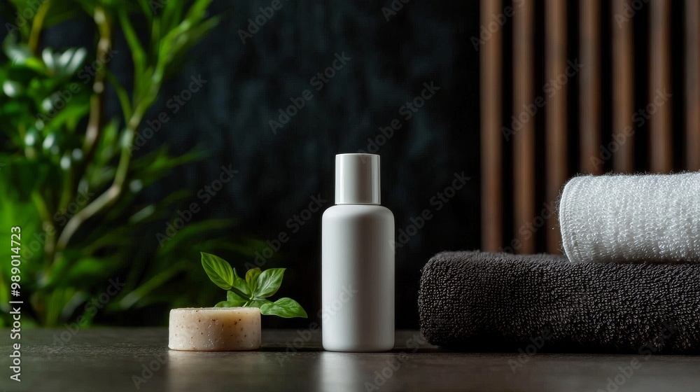 Skincare bottle in minimalist design with eco-friendly background in quiet luxury setting. Luxurious, eco-conscious skincare is presented in a dark, minimalist hotel room setting. Skincare bottle in minimalist design with eco-friendly background in quiet luxury setting. Luxurious, eco-conscious skincare is presented in a dark, minimalist hotel room setting.