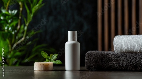 Skincare bottle in minimalist design with eco-friendly background in quiet luxury setting. Luxurious, eco-conscious skincare is presented in a dark, minimalist hotel room setting.