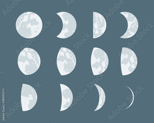 Moon Phase Set. Moon shapes Set. Moon phases astronomy icons set. The entire cycle from new moon to full.