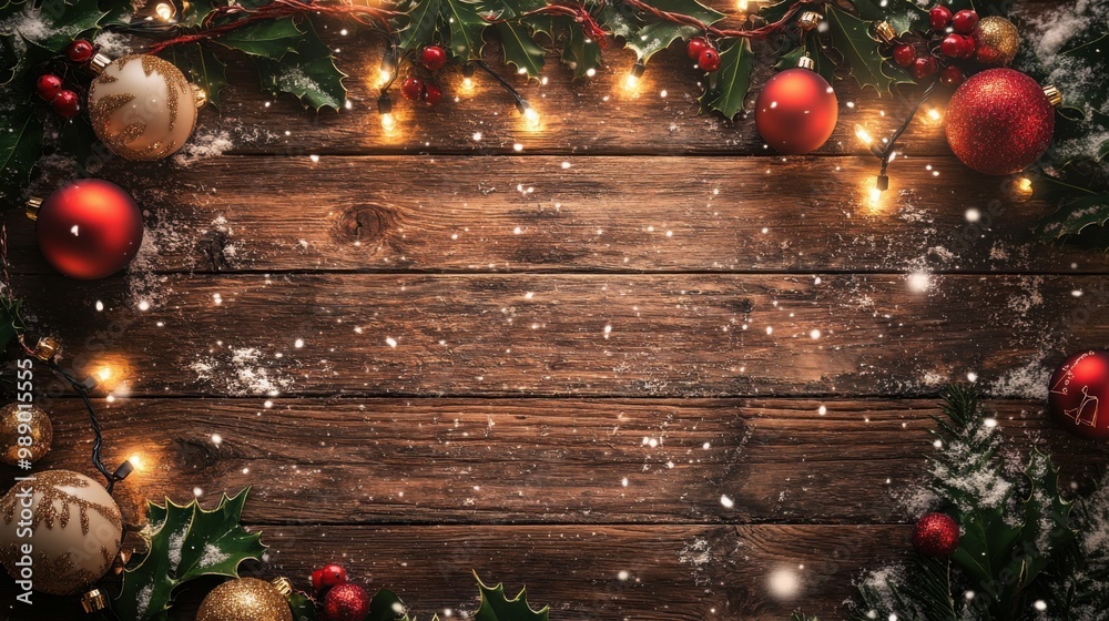 Christmas Lights and Ornaments on Wooden Table with Snowflakes