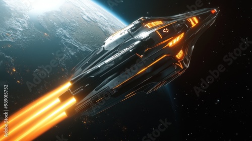 A sleek futuristic spaceship entering the atmosphere of an alien planet, with glowing thrusters leaving a trail of light behind as it speeds towards the surface photo