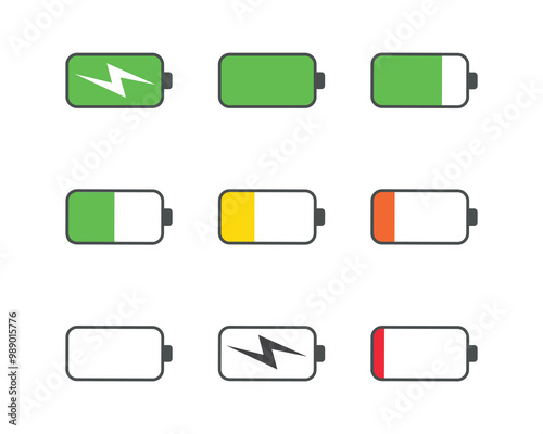 Battery icon set. Battery charge indicator icon, phone charge level, colorful collection of charge power. Discharged and fully charged battery. Battery charge from high to low.