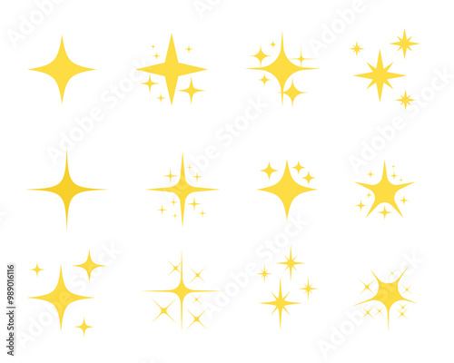 Sparkling star icons set. Set of yellow sparkle star icons. Rating star. Bright vector stars. Flash, shine sparkle icon, glare, light, blink star. Modern simple golden stars collection. 