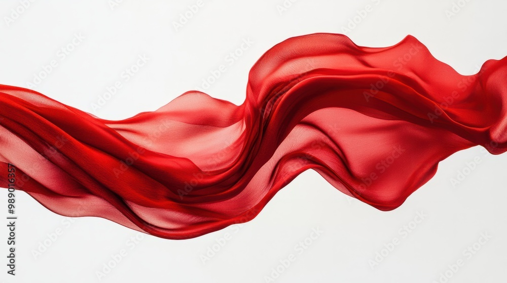Vibrant red fabric caught mid-blow, creating dynamic waves and folds against a pure white background. Vibrant red fabric caught mid-blow, creating dynamic waves and folds against a pure white background.