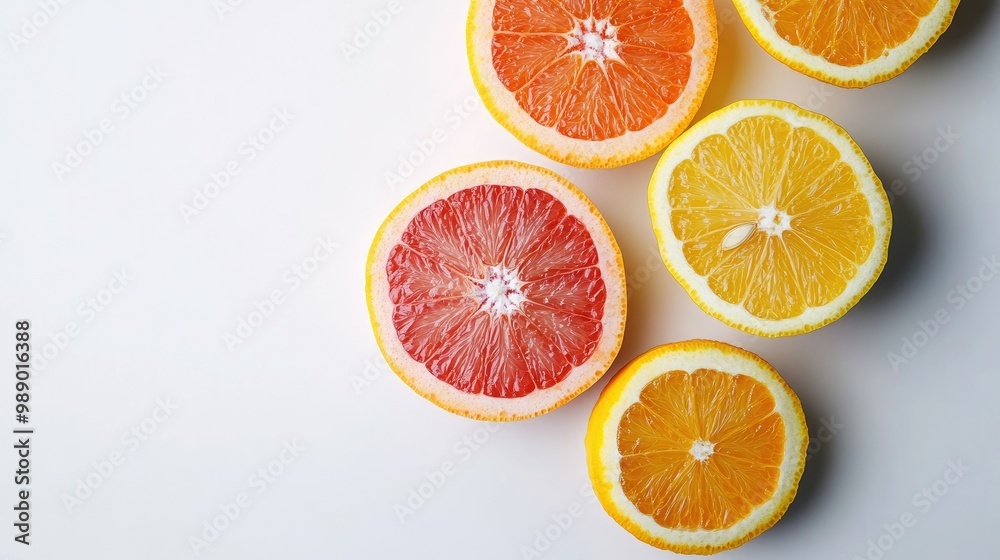 Freshly cut citrus fruits orange, lemon, and grapefruit on a bright white surface, with copy space Freshly cut citrus fruits orange, lemon, and grapefruit on a bright white surface, with copy space