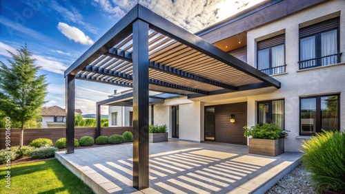 A modern pergola providing shade at the terrace entrance of a newly constructed residential building photo