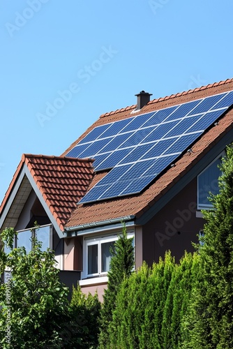 A modern home featuring solar panels on the roof, surrounded by lush greenery and a clear blue sky.