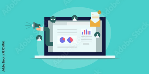 Email marketing software automate business message, reach out customers and display engagement or conversion report on dashboard screen, vector illustration concept.