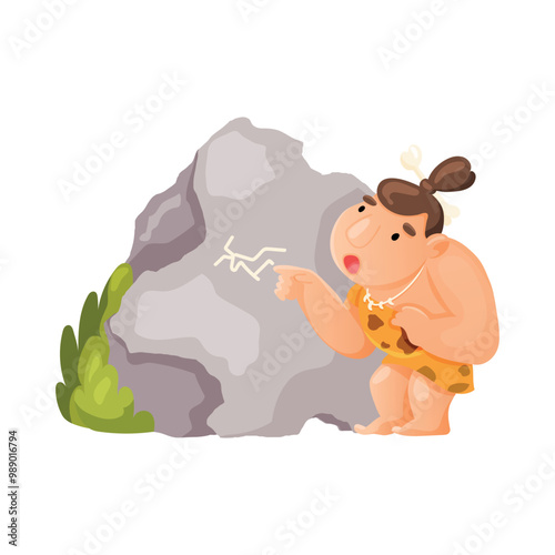 A caveman painting rock art, a female Neanderthal in hide clothing painting on a rock. Vector character in cartoon style on white background
