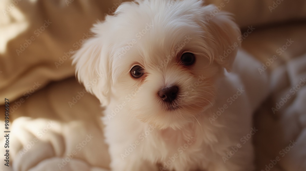 Adorable white puppy with soft fur sitting on a cozy blanket, looking up with big, brown eyes in a warm, well-lit room. Adorable white puppy with soft fur sitting on a cozy blanket, looking up with big, brown eyes in a warm, well-lit room.