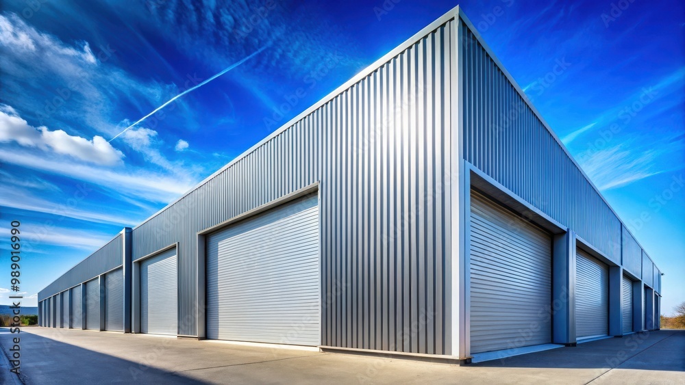 Modern corrugated metal factory buildings in low angle side view against blue sky Modern corrugated metal factory buildings in low angle side view against blue sky